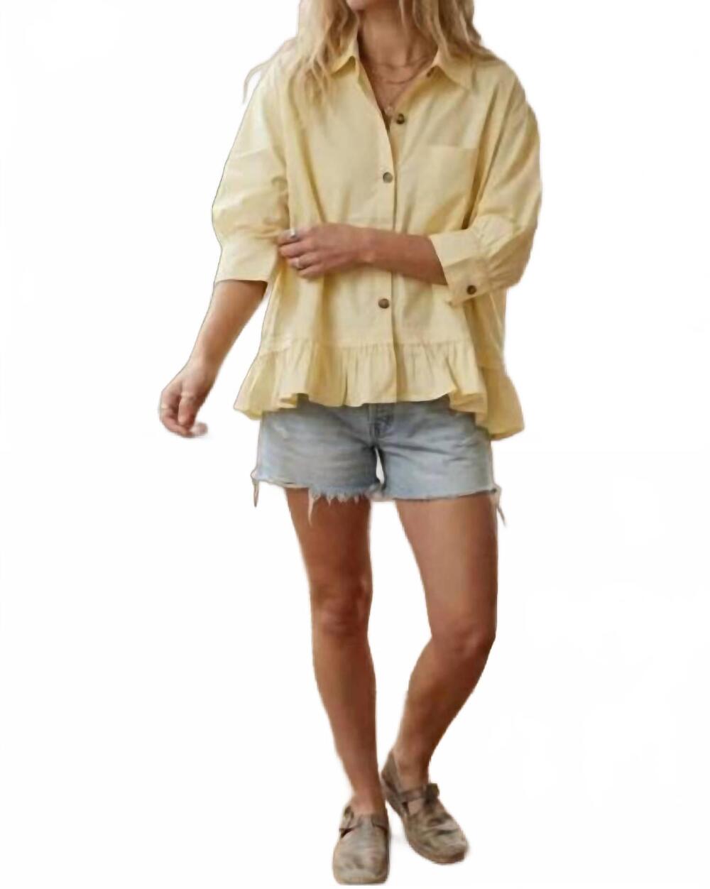 NEW SEWN AND SEEN ruffle hem button front poplin top in baby yellow